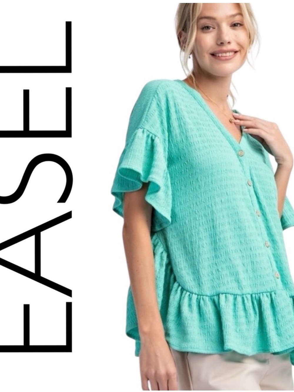 Easel NWOT Ruffle Sleeve Button-Front Tunic Top - Aqua